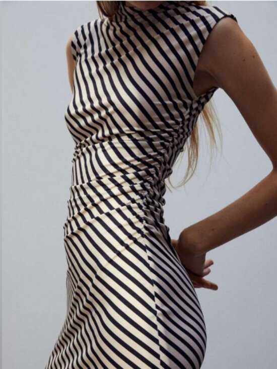 H&M Dresses & Skirts - H&M Striped Gathered Bodycon Dress - Light Beige and Black Stripes